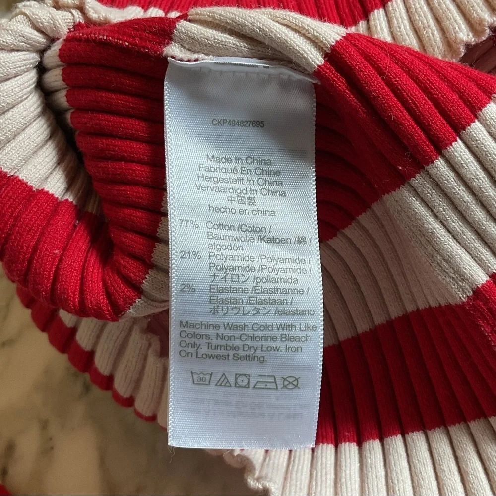 EUC Madewell NT749 Red and Cream v-neck ribbed stripe Sweater S Seam Separated